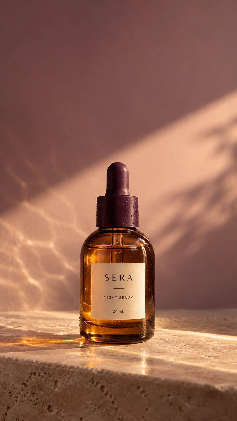Generated photograph of the fictional SERA Night Serum bottle; the same source image is retained in both treatments
